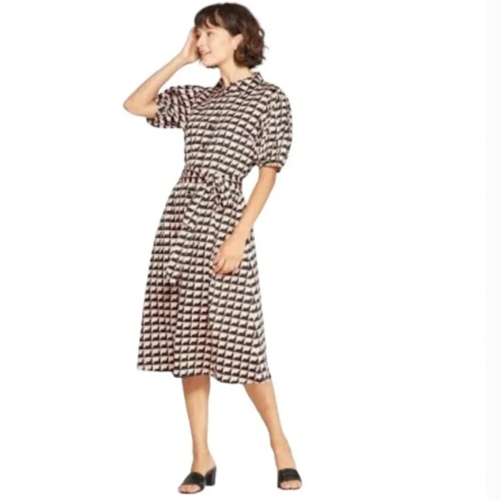 Who What Wear Puff Sleeve Fit & Flare Belted Shirtdress Pink Black White Print